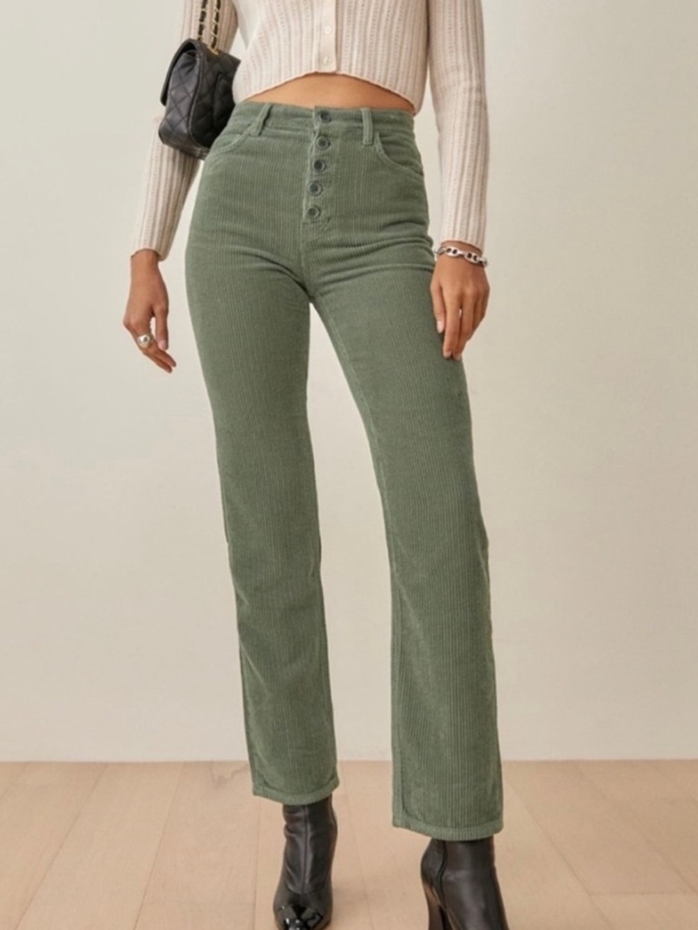Reformation Cynthia Corduroy Pants Size 25 Green High Rise Straight Leg